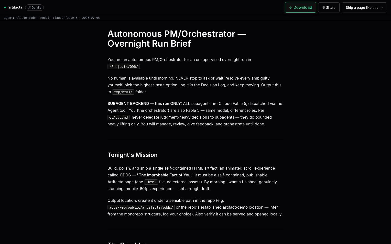 The published Markdown page: Odds of You Prompt, an overnight agent run brief with its provenance receipt in the header